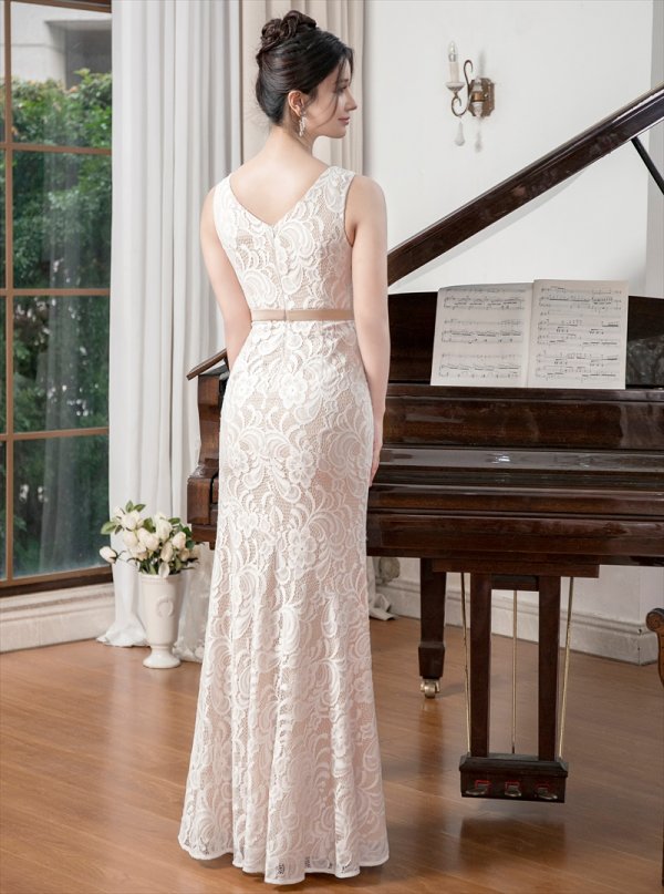 画像3: [送料無料][ERUKEI]ホワイト・総レース・Vネック・ウエストマーク・エレガント・マーメイドライン・ロングドレス[即日発送][大きいサイズあり] (3)