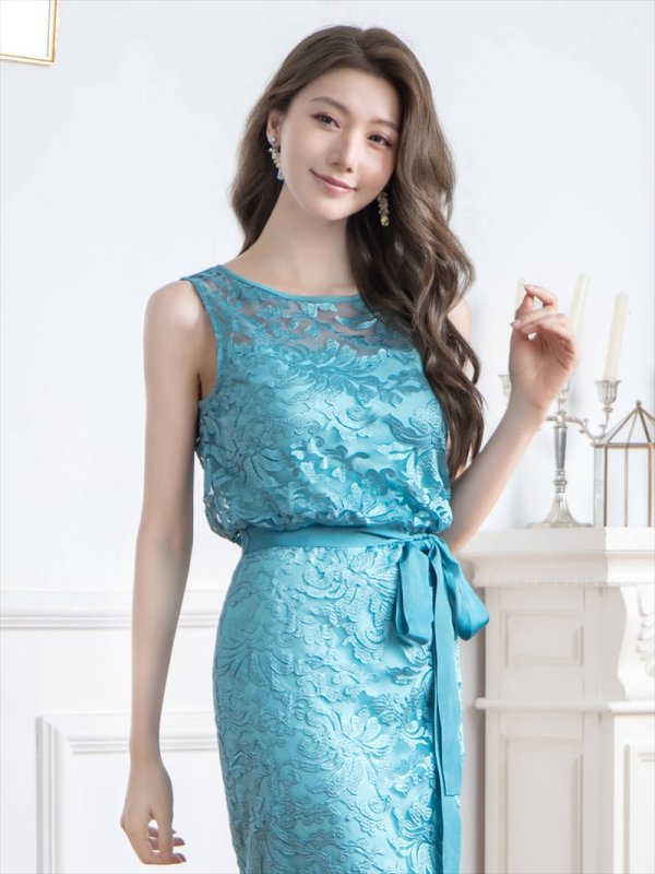 画像10: [送料無料][ERUKEI]ピンク・ブルー・総レース・ノースリーブ・ウエストリボン・タイト・ミディアムドレス・ワンピース[即日発送][大きいサイズあり] (10)