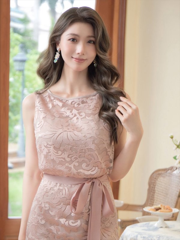 画像4: [送料無料][ERUKEI]ピンク・ブルー・総レース・ノースリーブ・ウエストリボン・タイト・ミディアムドレス・ワンピース[即日発送][大きいサイズあり] (4)