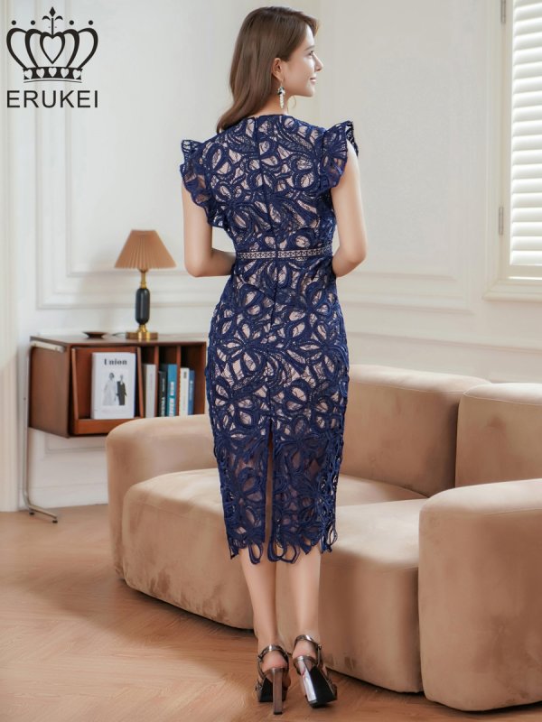 画像15: [送料無料][ERUKEI]ブラック・ホワイト・ネイビー・ワインレッド・ケミカルレース・フリルスリーブ・ハイウエスト・Vネック・タイト・ミディアムドレス・ワンピース[即日発送][大きいサイズあり] (15)