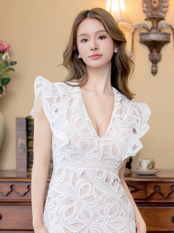 画像11: [送料無料][ERUKEI]ブラック・ホワイト・ネイビー・ワインレッド・ケミカルレース・フリルスリーブ・ハイウエスト・Vネック・タイト・ミディアムドレス・ワンピース[即日発送][大きいサイズあり] (11)