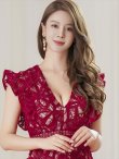 画像20: [送料無料][ERUKEI]ホワイト・ブラック・ネイビー・ワインレッド・ケミカルレース・フリルスリーブ・ハイウエスト・Vネック・タイト・ミディアムドレス・ワンピース[即日発送][大きいサイズあり] (20)