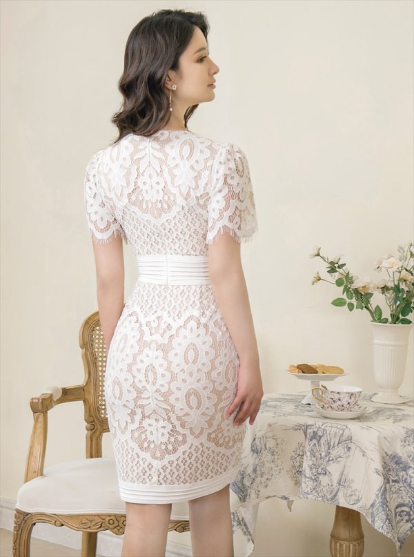 画像9: [送料無料][ERUKEI]ワインレッド・ホワイト・ブラック・半袖・総レース・タイト・Vネック・ミニドレス・ワンピース[即日発送][大きいサイズあり] (9)