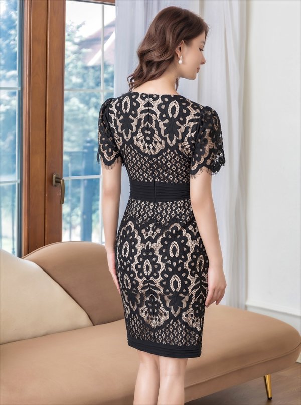 画像15: [送料無料][ERUKEI]ワインレッド・ホワイト・ブラック・半袖・総レース・タイト・Vネック・ミニドレス・ワンピース[即日発送][大きいサイズあり] (15)