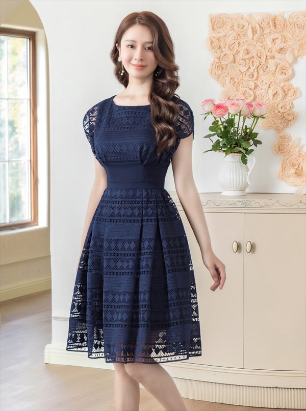 画像14: [送料無料][ERUKEI]ホワイト・ピンク・ネイビー・フレンチスリーブ・ケミカルレース・Ａライン・ミディアムドレス・ワンピース[即日発送][大きいサイズあり] (14)