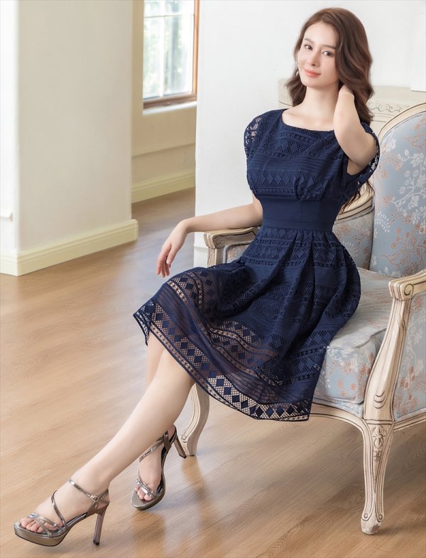 画像18: [送料無料][ERUKEI]ホワイト・ピンク・ネイビー・フレンチスリーブ・ケミカルレース・Ａライン・ミディアムドレス・ワンピース[即日発送][大きいサイズあり] (18)