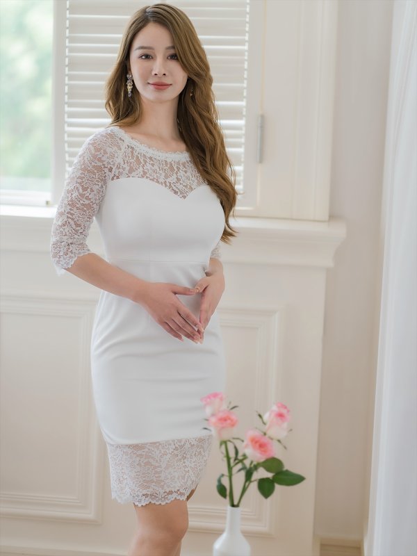 画像2: [送料無料][ERUKEI]ホワイト・ワインレッド・レース・シアー・五分袖・タイト・ミディアムドレス・ワンピース[即日発送][大きいサイズあり] (2)