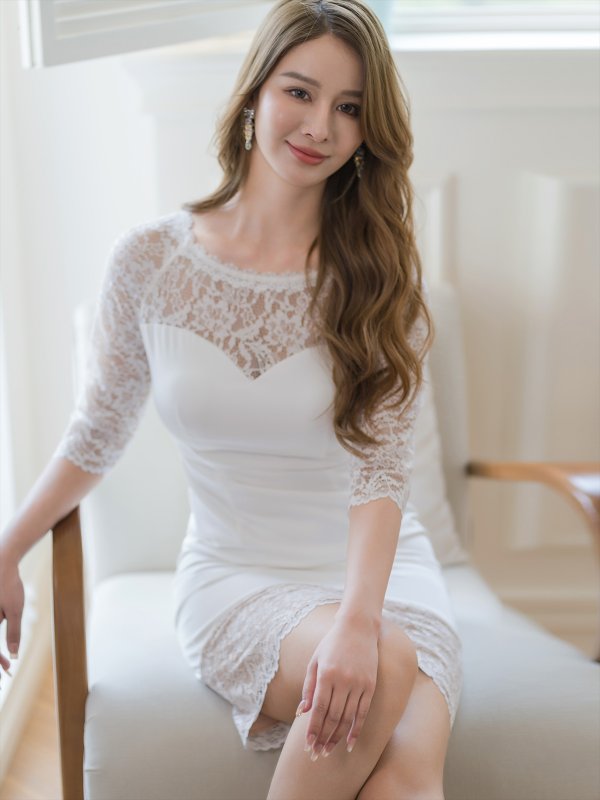 画像5: [送料無料][ERUKEI]ホワイト・ワインレッド・レース・シアー・五分袖・タイト・ミディアムドレス・ワンピース[即日発送][大きいサイズあり] (5)