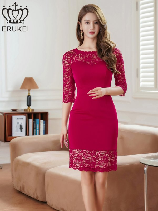 画像8: [送料無料][ERUKEI]ホワイト・ワインレッド・レース・シアー・五分袖・タイト・ミディアムドレス・ワンピース[即日発送][大きいサイズあり] (8)