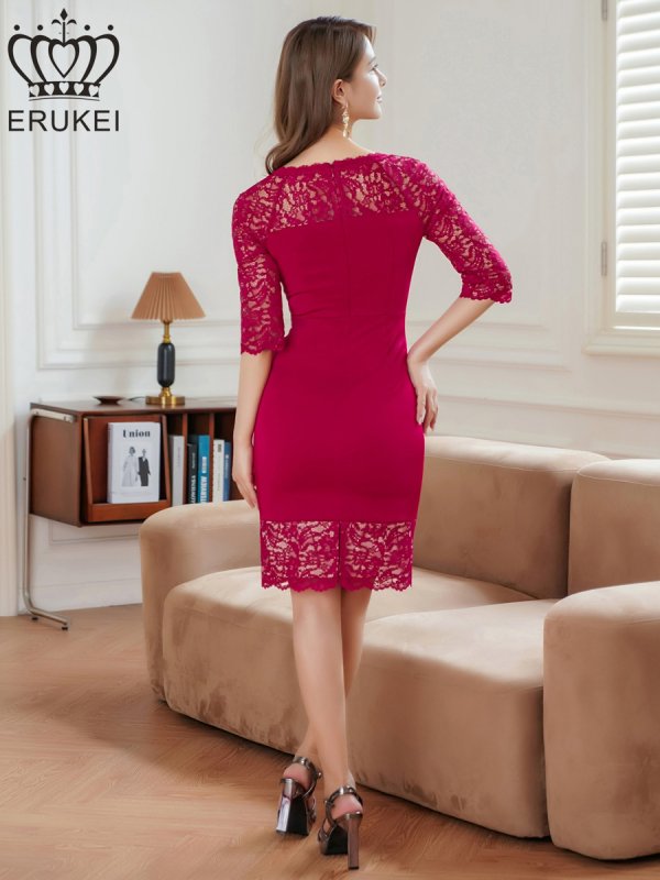 画像9: [送料無料][ERUKEI]ホワイト・ワインレッド・レース・シアー・五分袖・タイト・ミディアムドレス・ワンピース[即日発送][大きいサイズあり] (9)