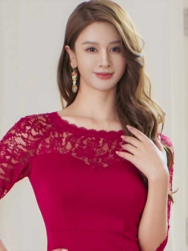 画像10: [送料無料][ERUKEI]ホワイト・ワインレッド・レース・シアー・五分袖・タイト・ミディアムドレス・ワンピース[即日発送][大きいサイズあり] (10)