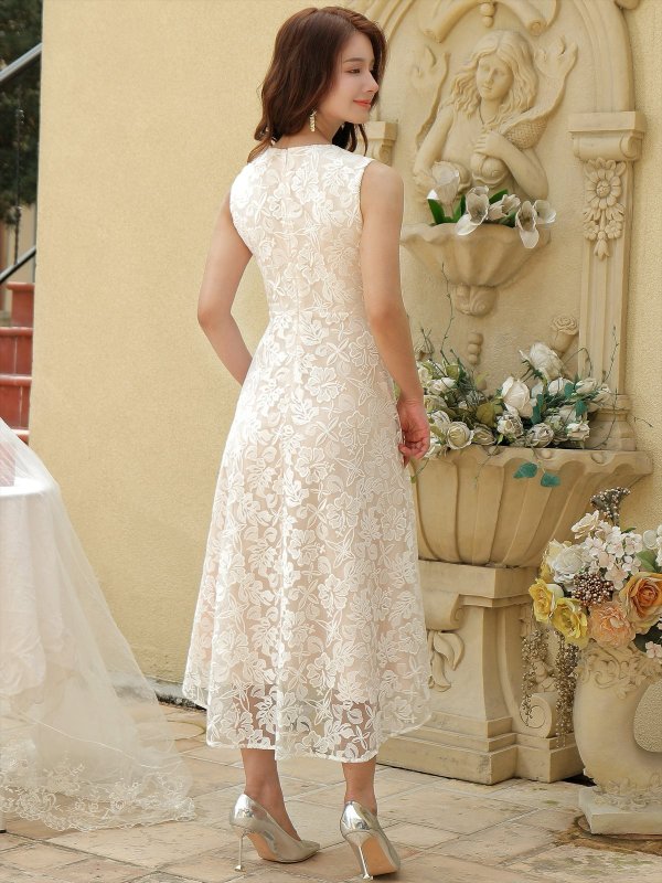 画像3: [送料無料][ERUKEI]ホワイト・ブラック・花柄・ハイビスカス・レース・刺繍・Vネック・ノースリーブ・テールカット・Aライン・ミディアムドレス・ワンピース[即日発送][大きいサイズあり] (3)