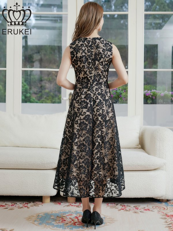 画像9: [送料無料][ERUKEI]ホワイト・ブラック・花柄・ハイビスカス・レース・刺繍・Vネック・ノースリーブ・テールカット・Aライン・ミディアムドレス・ワンピース[即日発送][大きいサイズあり] (9)
