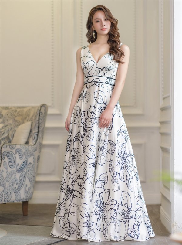 画像5: [送料無料][ERUKEI]ホワイト×ブラック・ベージュ×イエロー・スピンドル・ノースリーブ・フラワープリント・Vネック・ロングドレス[即日発送][大きいサイズあり] (5)