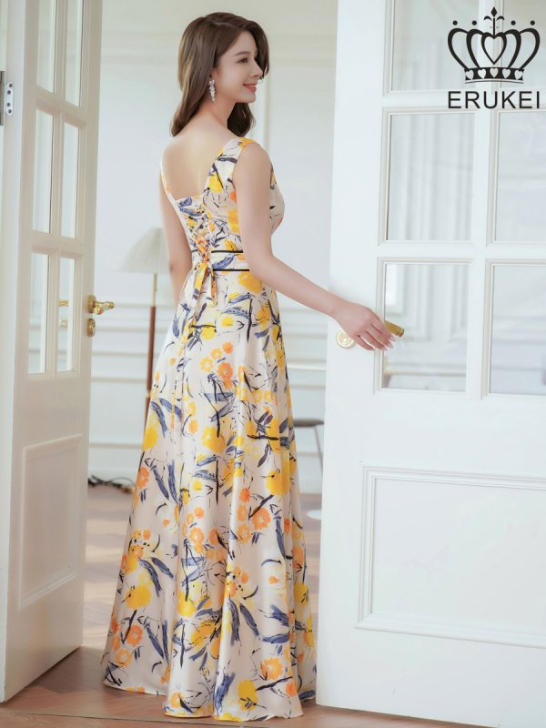 画像9: [送料無料][ERUKEI]ホワイト×ブラック・ベージュ×イエロー・スピンドル・ノースリーブ・フラワープリント・Vネック・ロングドレス[即日発送][大きいサイズあり] (9)
