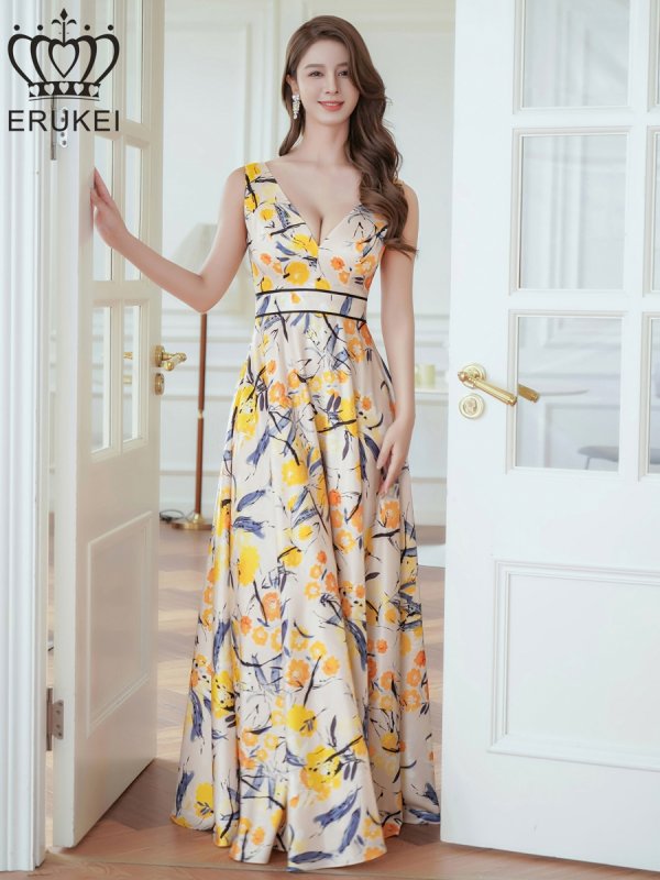 画像12: [送料無料][ERUKEI]ホワイト×ブラック・ベージュ×イエロー・スピンドル・ノースリーブ・フラワープリント・Vネック・ロングドレス[即日発送][大きいサイズあり] (12)