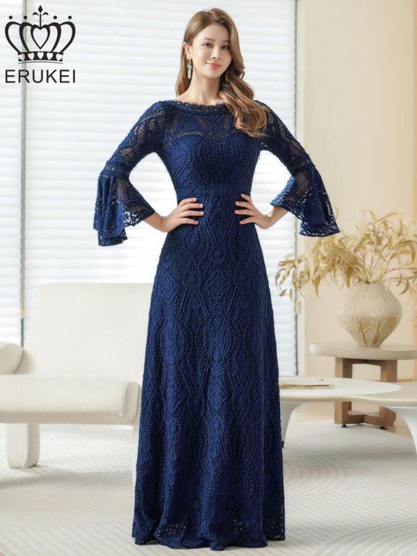 画像5: [送料無料][ERUKEI]ネイビー・ワインレッド・ホワイト・レッド・総レース・ベルスリーブ・シアー・Aライン・エレガント・ロングドレス[即日発送][大きいサイズあり] (5)