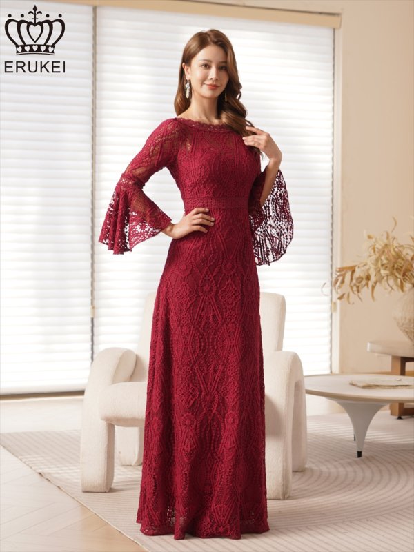 画像2: [送料無料][ERUKEI]ワインレッド・ホワイト・レッド・ネイビー・総レース・ベルスリーブ・シアー・Aライン・エレガント・ロングドレス[即日発送][大きいサイズあり] (2)