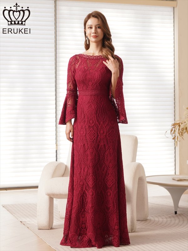 画像4: [送料無料][ERUKEI]ワインレッド・ホワイト・レッド・ネイビー・総レース・ベルスリーブ・シアー・Aライン・エレガント・ロングドレス[即日発送][大きいサイズあり] (4)