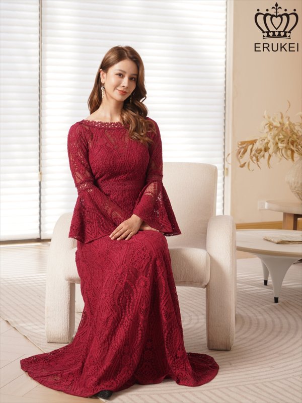 画像5: [送料無料][ERUKEI]ワインレッド・ホワイト・レッド・ネイビー・総レース・ベルスリーブ・シアー・Aライン・エレガント・ロングドレス[即日発送][大きいサイズあり] (5)
