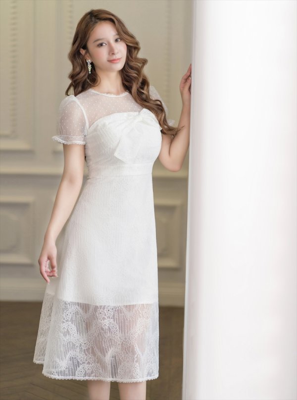 画像2: [送料無料][ERUKEI]ホワイト・総レース・胸元リボン・半袖・Aライン・ミディアムドレス・ワンピース[即日発送][大きいサイズあり] (2)