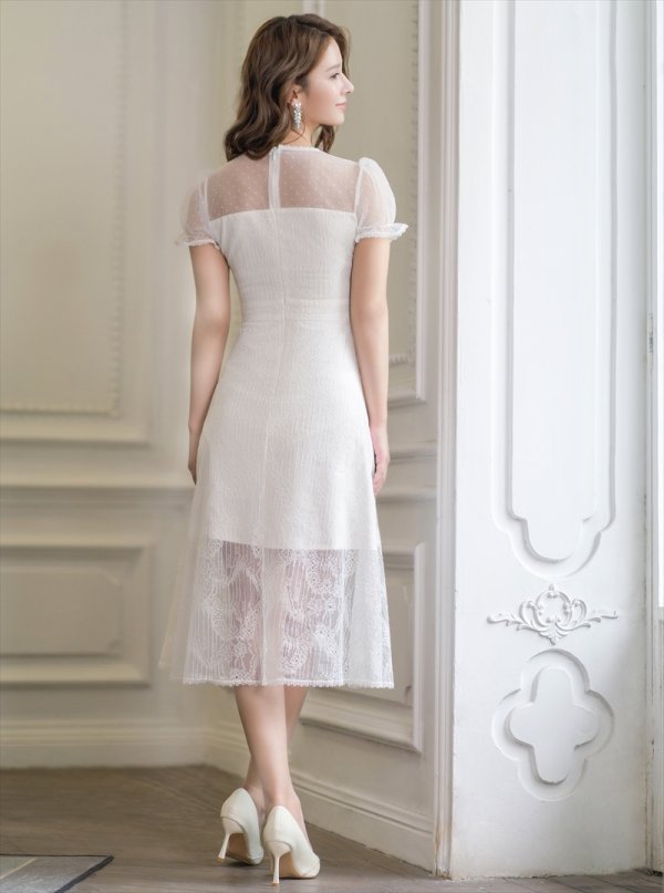 画像3: [送料無料][ERUKEI]ホワイト・総レース・胸元リボン・半袖・Aライン・ミディアムドレス・ワンピース[即日発送][大きいサイズあり] (3)
