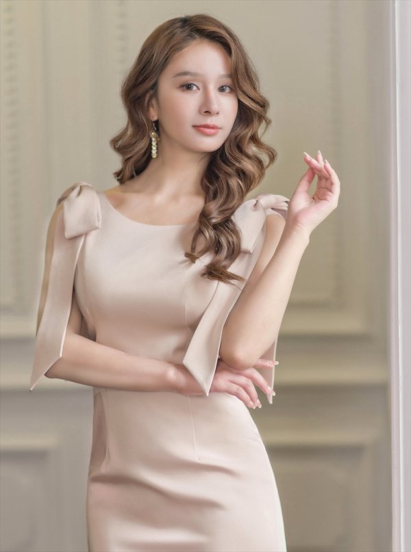 画像4: [送料無料][ERUKEI]ベージュ・ネイビー・マスタード・ホワイト・ワインレッド・肩リボン・タイト・背中あき・ミディアムドレス・ワンピース[即日発送][大きいサイズあり] (4)