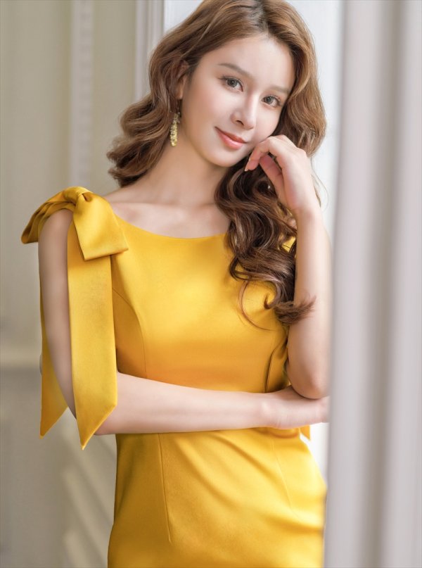 画像14: [送料無料][ERUKEI]ベージュ・ネイビー・マスタード・ホワイト・ワインレッド・肩リボン・タイト・背中あき・ミディアムドレス・ワンピース[即日発送][大きいサイズあり] (14)