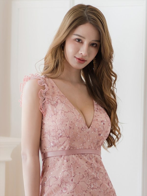 画像4: [送料無料][ERUKEI]ピンク・ブルー・ワインレッド・総レース・Vネック・フレンチ・フリルスリーブ・タイト・膝丈・ワンピース[即日発送][大きいサイズあり] (4)