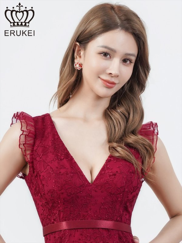 画像4: [送料無料][ERUKEI]ピンク・ブルー・ワインレッド・総レース・Vネック・フレンチ・フリルスリーブ・タイト・ミディアムドレス・ワンピース[即日発送][大きいサイズあり] (4)