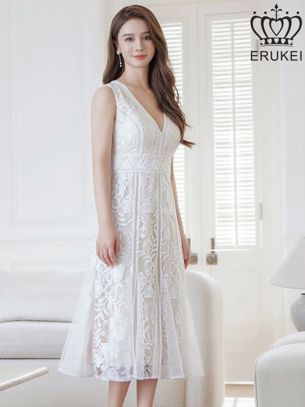 画像2: [送料無料][ERUKEI]ホワイト・ブラック・ピンク・ノースリーブ・レース・Vネック・切替・Aライン・ミディアムドレス・ワンピース[即日発送][大きいサイズあり] (2)