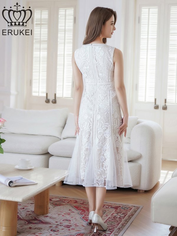 画像3: [送料無料][ERUKEI]ホワイト・ブラック・ピンク・ノースリーブ・レース・Vネック・切替・Aライン・ミディアムドレス・ワンピース[即日発送][大きいサイズあり] (3)