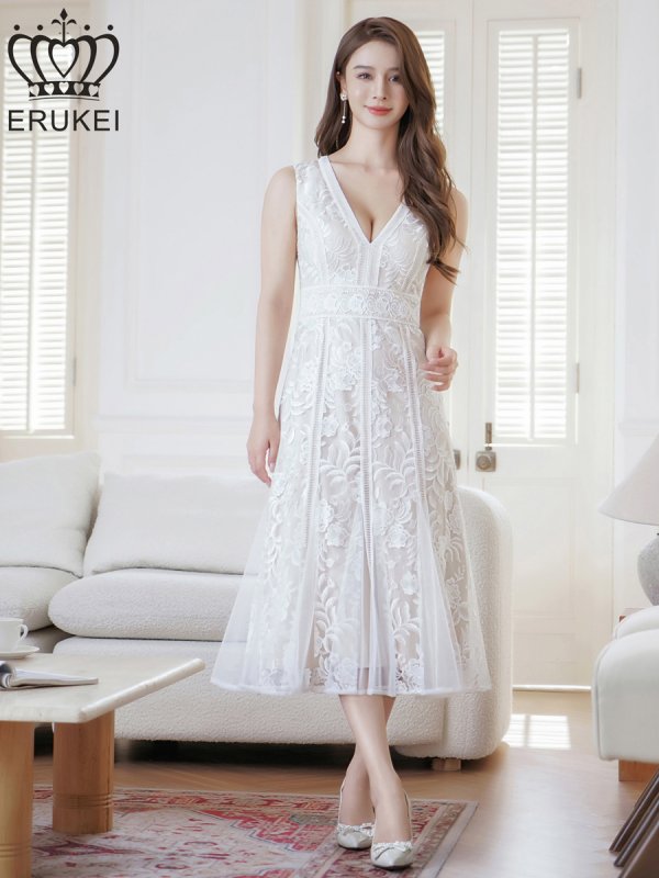 画像5: [送料無料][ERUKEI]ホワイト・ブラック・ピンク・ノースリーブ・レース・Vネック・切替・Aライン・ミディアムドレス・ワンピース[即日発送][大きいサイズあり] (5)