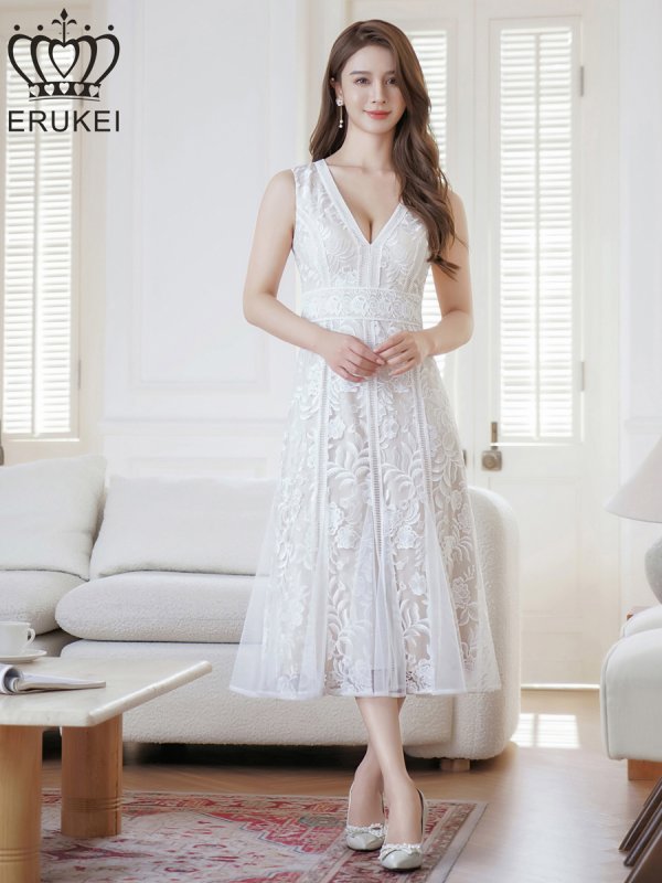 画像6: [送料無料][ERUKEI]ホワイト・ブラック・ピンク・ノースリーブ・レース・Vネック・切替・Aライン・ミディアムドレス・ワンピース[即日発送][大きいサイズあり] (6)