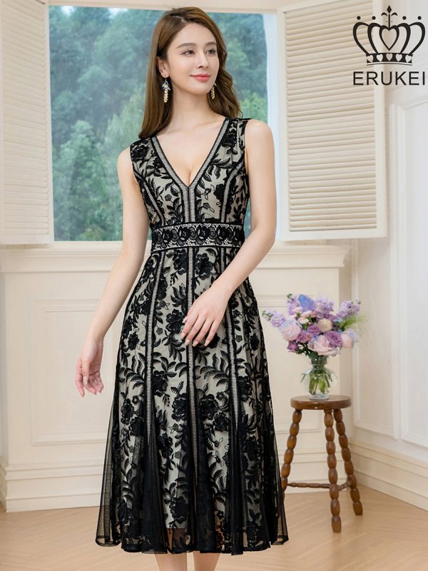 画像12: [送料無料][ERUKEI]ホワイト・ブラック・ピンク・ノースリーブ・レース・Vネック・切替・Aライン・ミディアムドレス・ワンピース[即日発送][大きいサイズあり] (12)