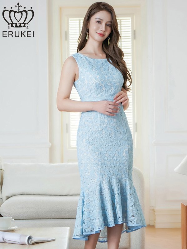 画像8: [送料無料][ERUKEI]ホワイト・ブルー・ネイビー・ピンク・総レース・ノースリーブ・マーメイド・ミディアムドレス・ワンピース[即日発送][大きいサイズあり] (8)