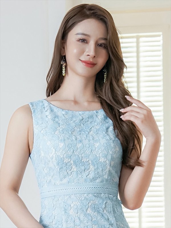 画像10: [送料無料][ERUKEI]ホワイト・ブルー・ネイビー・ピンク・総レース・ノースリーブ・マーメイド・ミディアムドレス・ワンピース[即日発送][大きいサイズあり] (10)