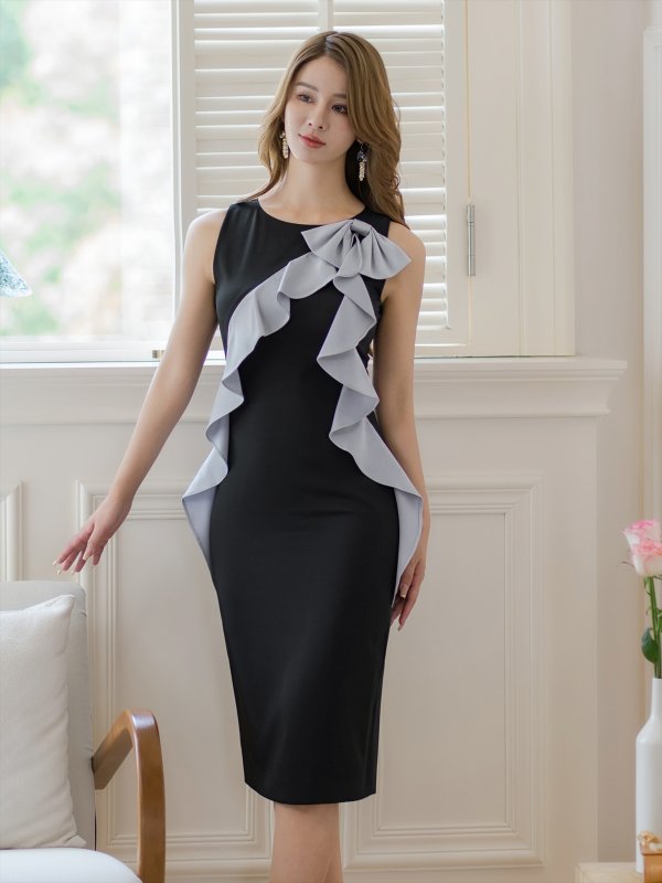 画像2: [送料無料][ERUKEI]ブラック×グレー・ホワイト×ベージュ・バイカラー・リボン・フリル・ノースリーブ・タイト・ミディアムドレス・ワンピース[即日発送][大きいサイズあり] (2)