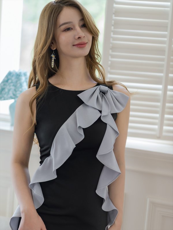 画像4: [送料無料][ERUKEI]ブラック×グレー・ホワイト×ベージュ・バイカラー・リボン・フリル・ノースリーブ・タイト・ミディアムドレス・ワンピース[即日発送][大きいサイズあり] (4)