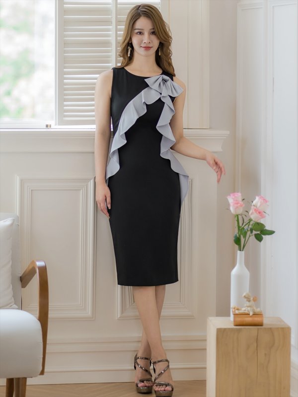 画像5: [送料無料][ERUKEI]ブラック×グレー・ホワイト×ベージュ・バイカラー・リボン・フリル・ノースリーブ・タイト・ミディアムドレス・ワンピース[即日発送][大きいサイズあり] (5)