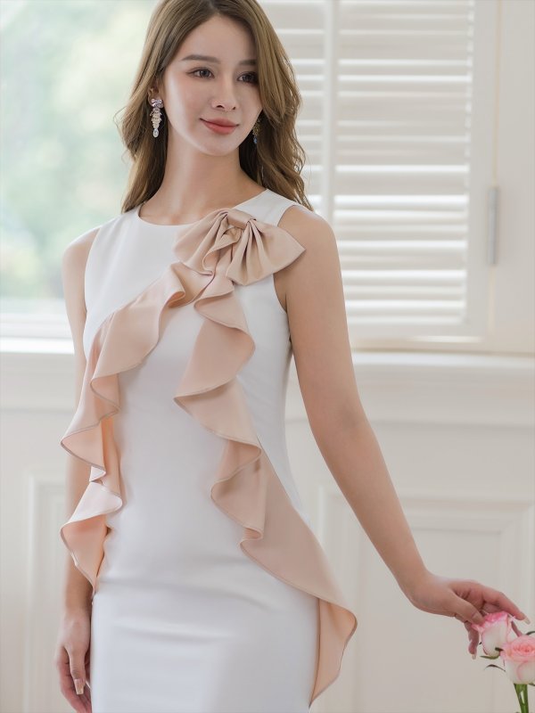 画像8: [送料無料][ERUKEI]ブラック×グレー・ホワイト×ベージュ・バイカラー・リボン・フリル・ノースリーブ・タイト・ミディアムドレス・ワンピース[即日発送][大きいサイズあり] (8)