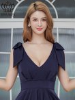 画像16: [送料無料][ERUKEI]ホワイト・ワインレッド・ネイビー・肩リボン・ノースリーブ・Vネック・ハイウエスト・Aライン・ミディアムドレス・ワンピース[即日発送][大きいサイズあり] (16)