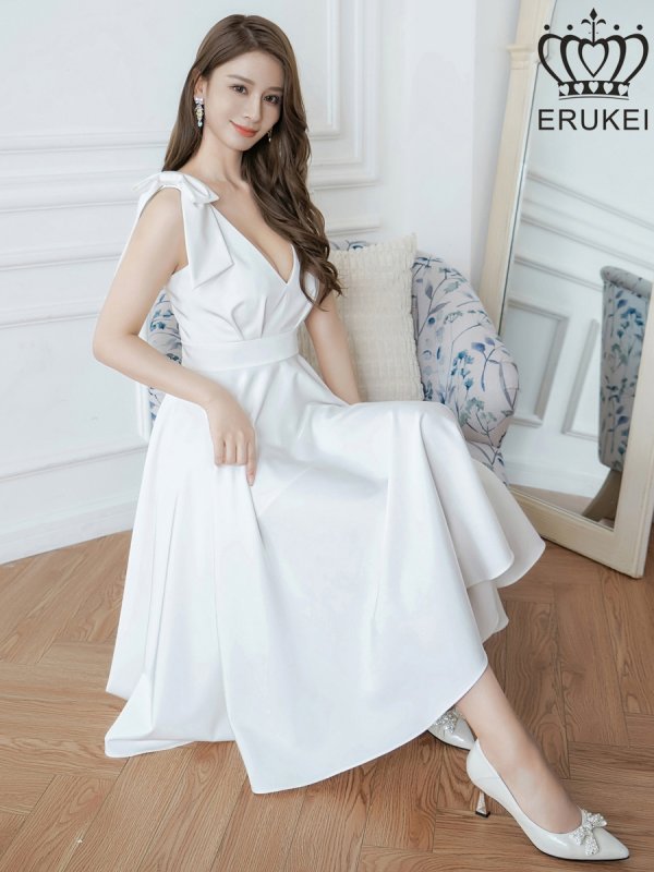 画像13: [送料無料][ERUKEI]ネイビー・ワインレッド・ホワイト・肩リボン・ノースリーブ・Vネック・ハイウエスト・Aライン・ミディアムドレス・ワンピース[即日発送][大きいサイズあり] (13)