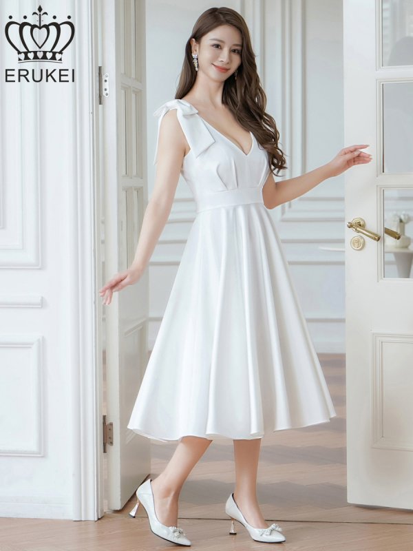 画像14: [送料無料][ERUKEI]ネイビー・ワインレッド・ホワイト・肩リボン・ノースリーブ・Vネック・ハイウエスト・Aライン・ミディアムドレス・ワンピース[即日発送][大きいサイズあり] (14)