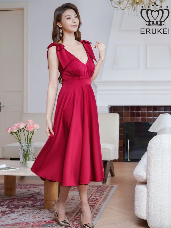 画像8: [送料無料][ERUKEI]ネイビー・ワインレッド・ホワイト・肩リボン・ノースリーブ・Vネック・ハイウエスト・Aライン・ミディアムドレス・ワンピース[即日発送][大きいサイズあり] (8)