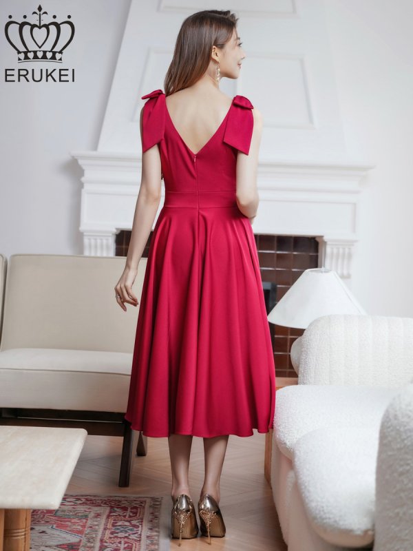 画像9: [送料無料][ERUKEI]ネイビー・ワインレッド・ホワイト・肩リボン・ノースリーブ・Vネック・ハイウエスト・Aライン・ミディアムドレス・ワンピース[即日発送][大きいサイズあり] (9)