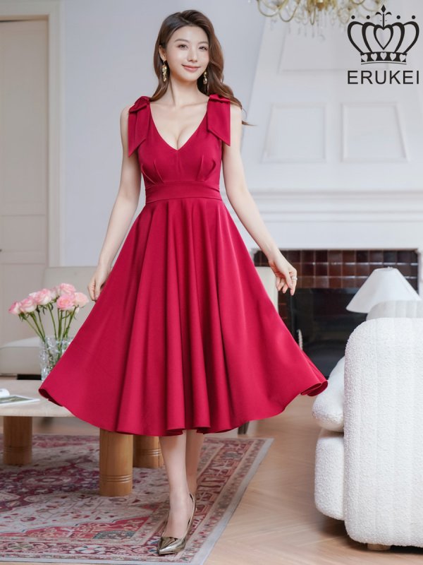 画像11: [送料無料][ERUKEI]ネイビー・ワインレッド・ホワイト・肩リボン・ノースリーブ・Vネック・ハイウエスト・Aライン・ミディアムドレス・ワンピース[即日発送][大きいサイズあり] (11)