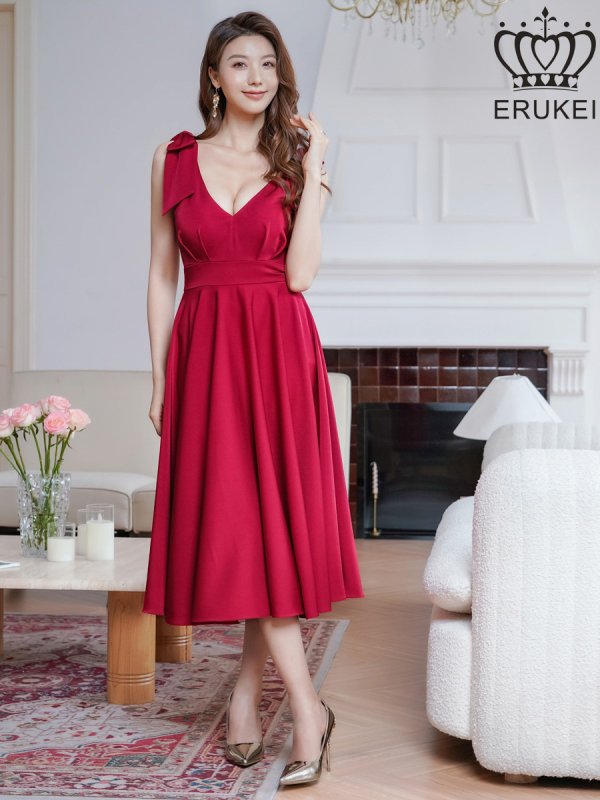 画像12: [送料無料][ERUKEI]ネイビー・ワインレッド・ホワイト・肩リボン・ノースリーブ・Vネック・ハイウエスト・Aライン・ミディアムドレス・ワンピース[即日発送][大きいサイズあり] (12)