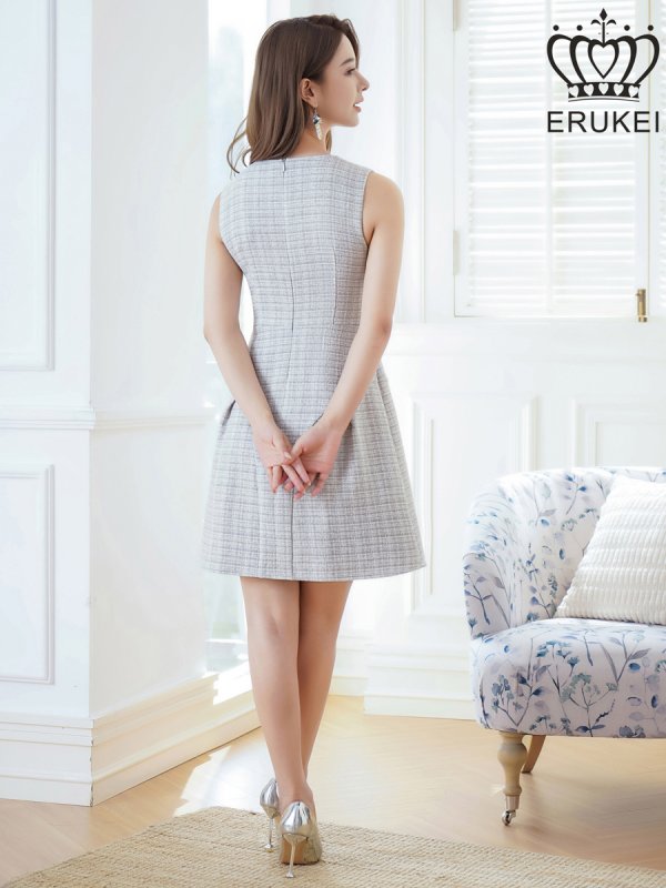 画像3: [送料無料][ERUKEI]グレー・ノースリーブ・ツイード・切替・フレア・リボン・Aライン・ミニドレス・ワンピース[即日発送][大きいサイズあり] (3)