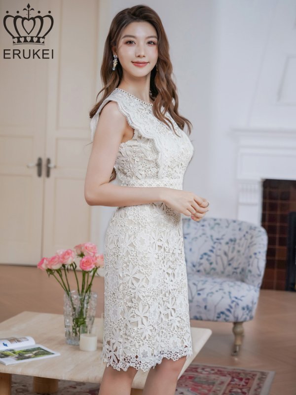 画像2: [送料無料][ERUKEI]ホワイト・総レース・フラワーレース・ノースリーブ・タイト・ミディアムドレス・ワンピース[即日発送][大きいサイズあり] (2)